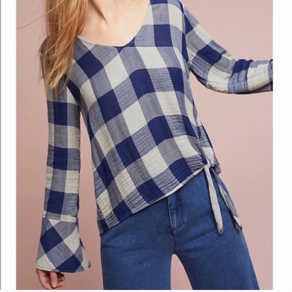 Anthropologie -Cloth & Stone - Plaid Bell Sleeve Top - Petite Large - Picture 1 of 2